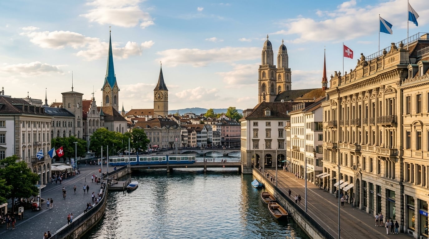 Zürich old town with historic architecture and river Limmat